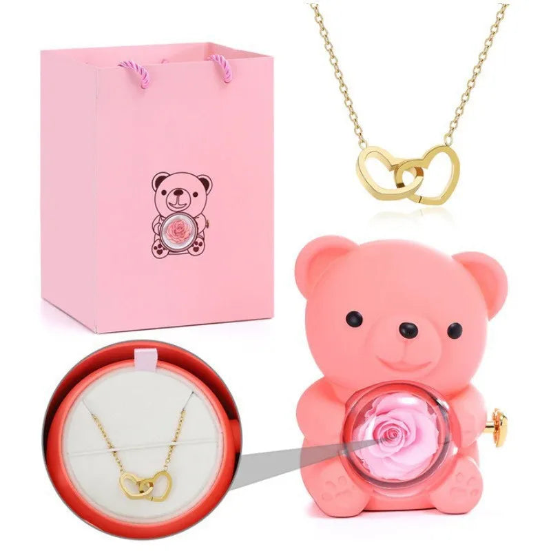 Teddy Bear Eternal Rose Box - W/ Engraved Necklace