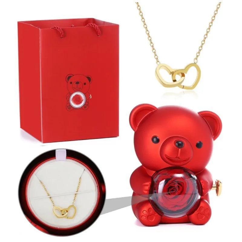 Teddy Bear Eternal Rose Box - W/ Engraved Necklace