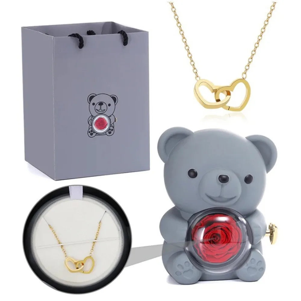 Teddy Bear Eternal Rose Box - W/ Engraved Necklace