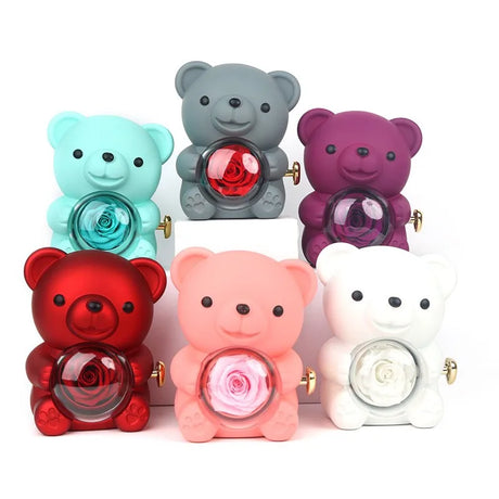 Teddy Bear Eternal Rose Box - W/ Engraved Necklace