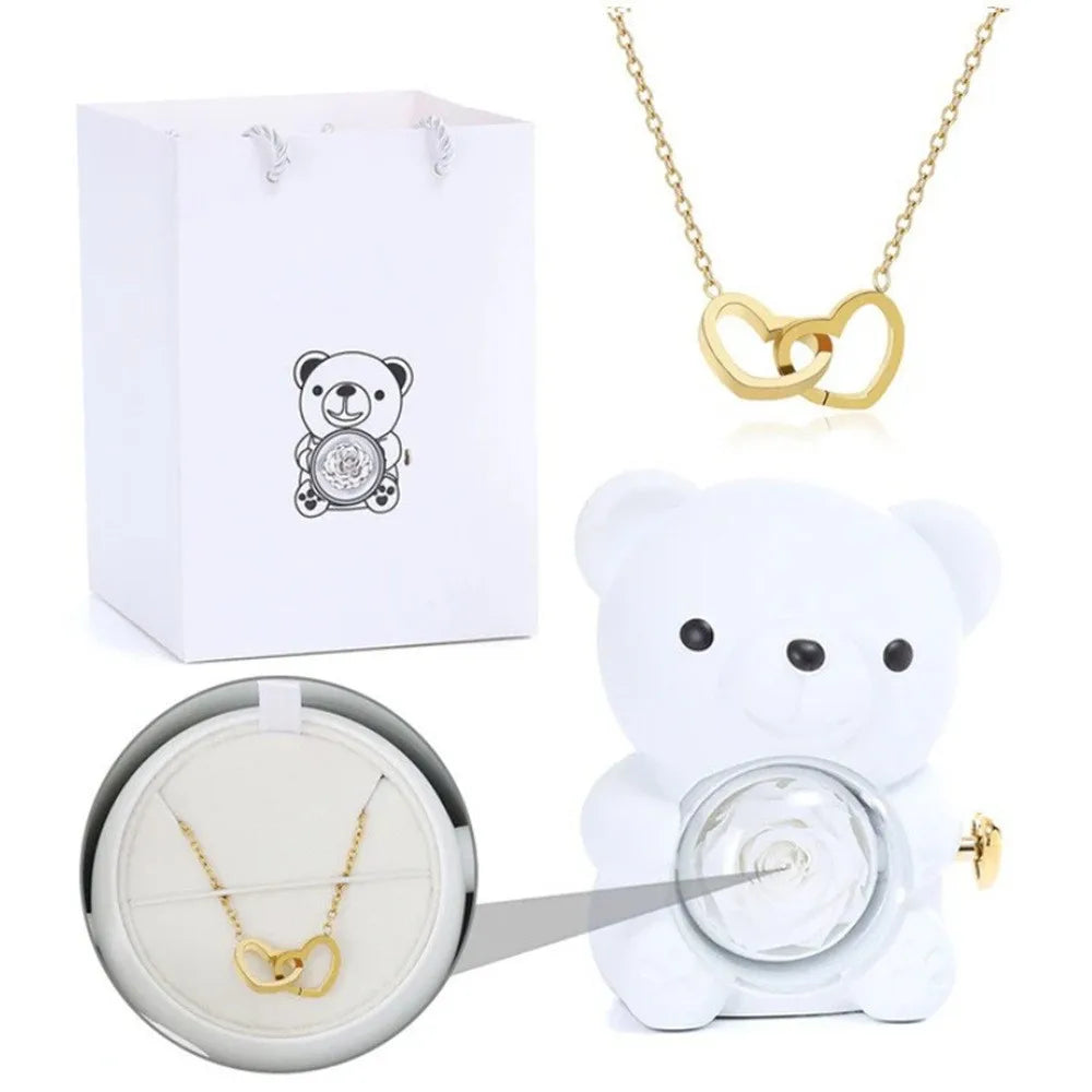 Teddy Bear Eternal Rose Box - W/ Engraved Necklace