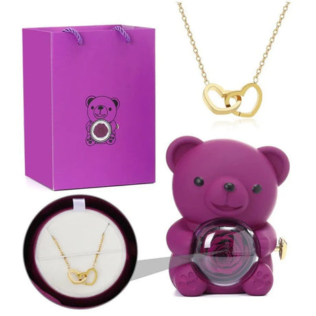 Teddy Bear Eternal Rose Box - W/ Engraved Necklace